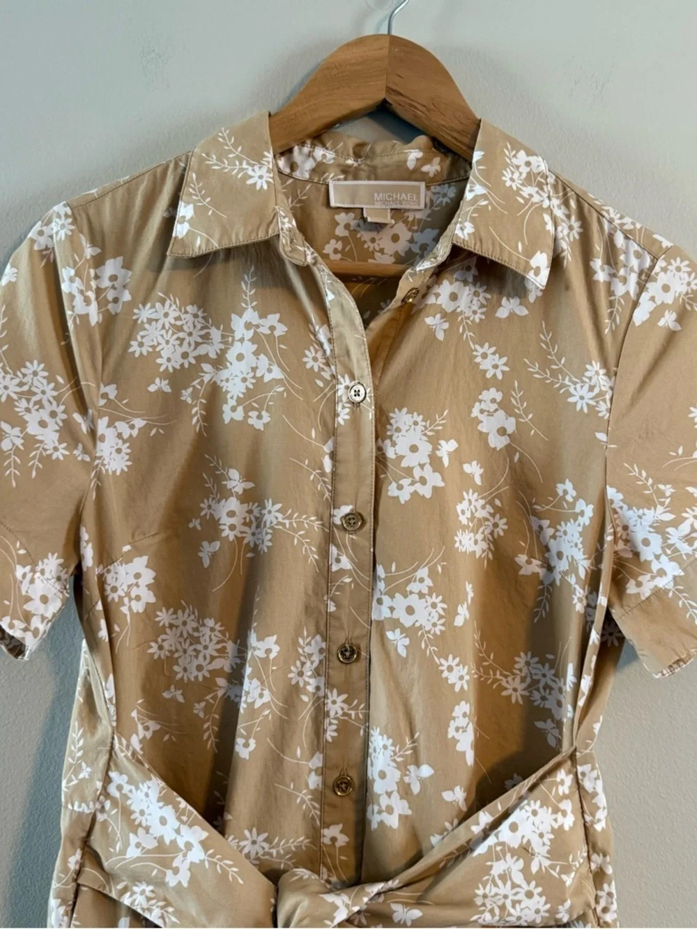 Michael Kors Khaki Floral Tie-Waist Midi Shirt Dress